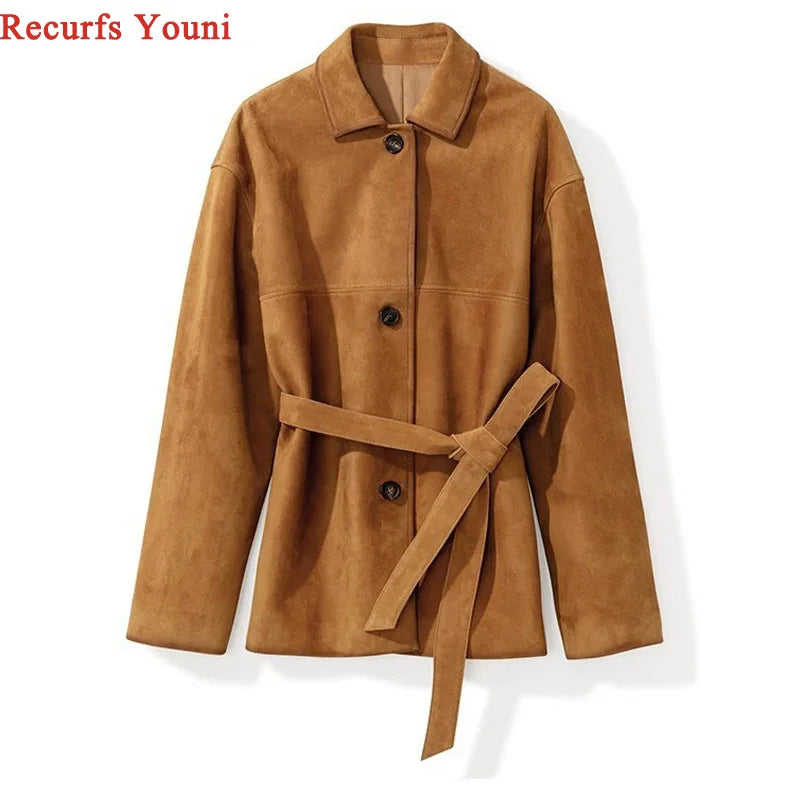 French High-end Kid Suede Leather Jacket for Woman Auburn Square Neck Single Breasted Long Coat with Waistband Female Outwears