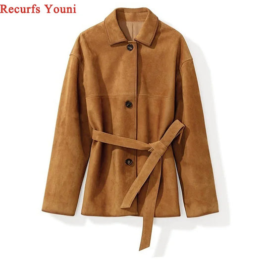 French High-end Kid Suede Leather Jacket for Woman Auburn Square Neck Single Breasted Long Coat with Waistband Female Outwears