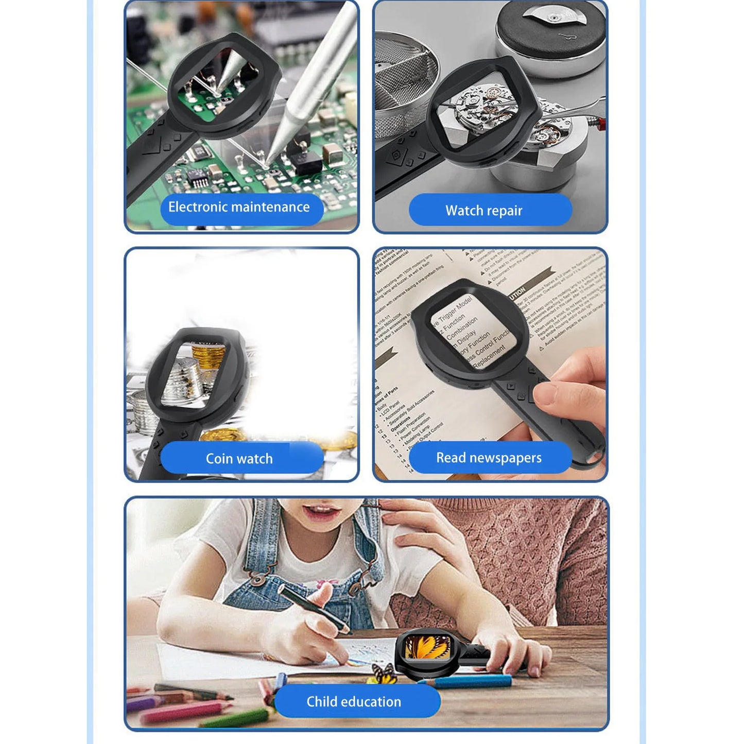 Handheld Digital Magnifier 2.8in IPS Screen Portable 2MP 1000X Magnifying Glass with Light 4 Zoom Buttons 12 Languages