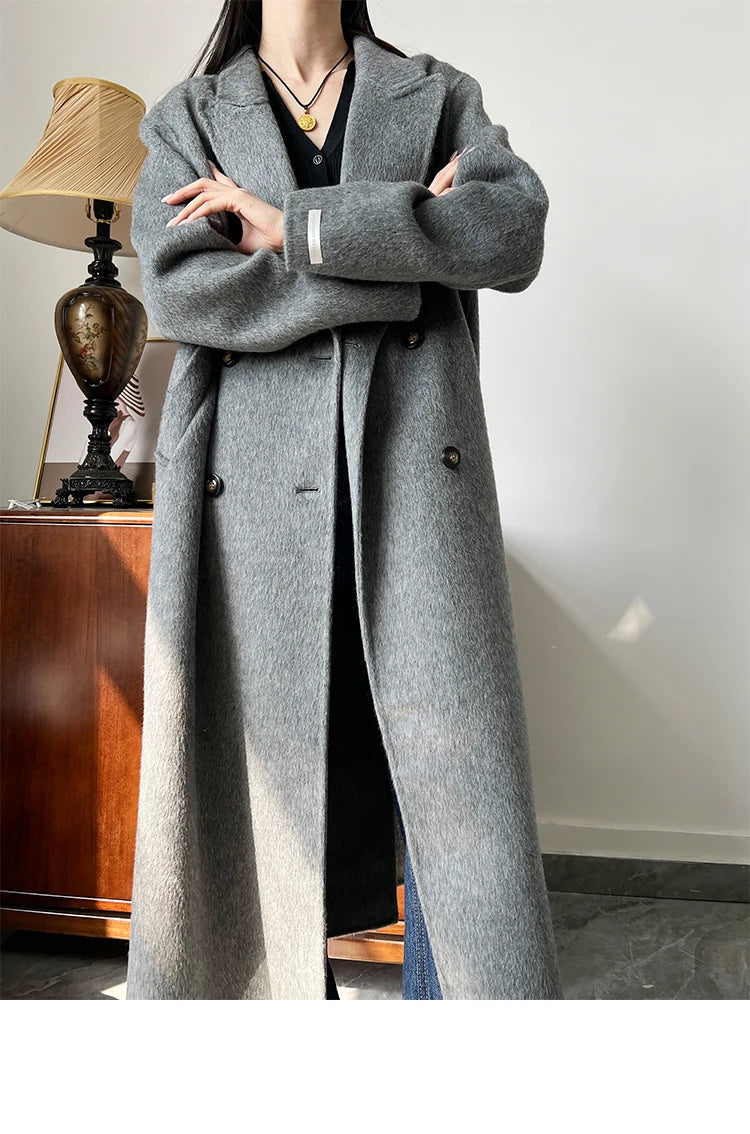 Office Lady Woolen Jackets 2024 Autumn And Winter Suit Collar Double Breasted Warmer Yak Hair Loose Long Women's Wool Coats