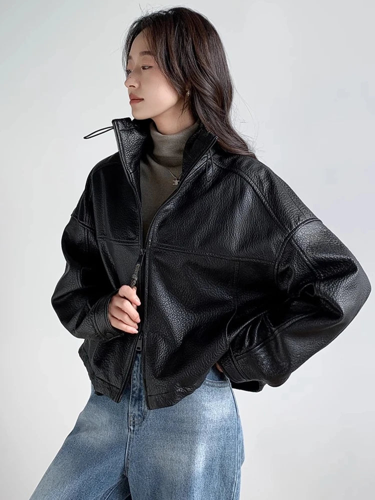 Vintage Genuine Leather Cropped Jackets for Women Spring Autumn 2025 New High-end Simple Stand Collar Bubble Real Sheepskin Coat