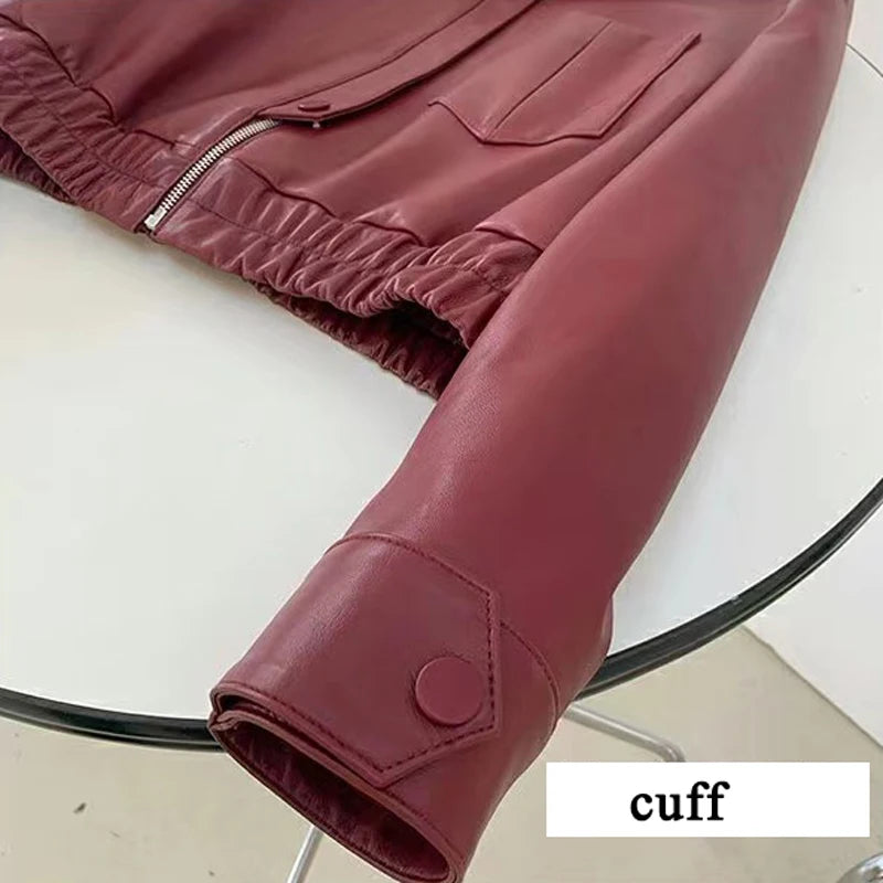 European 2025 New Fashion Short Leather Jacket For Women Casual Elastic Band Waist Top Clothing Mujer Varsity Claret Veste