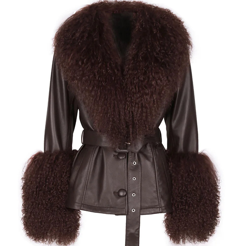 YOLOAgain Real Fox Fur Collar Genuine Leather Jacket Women