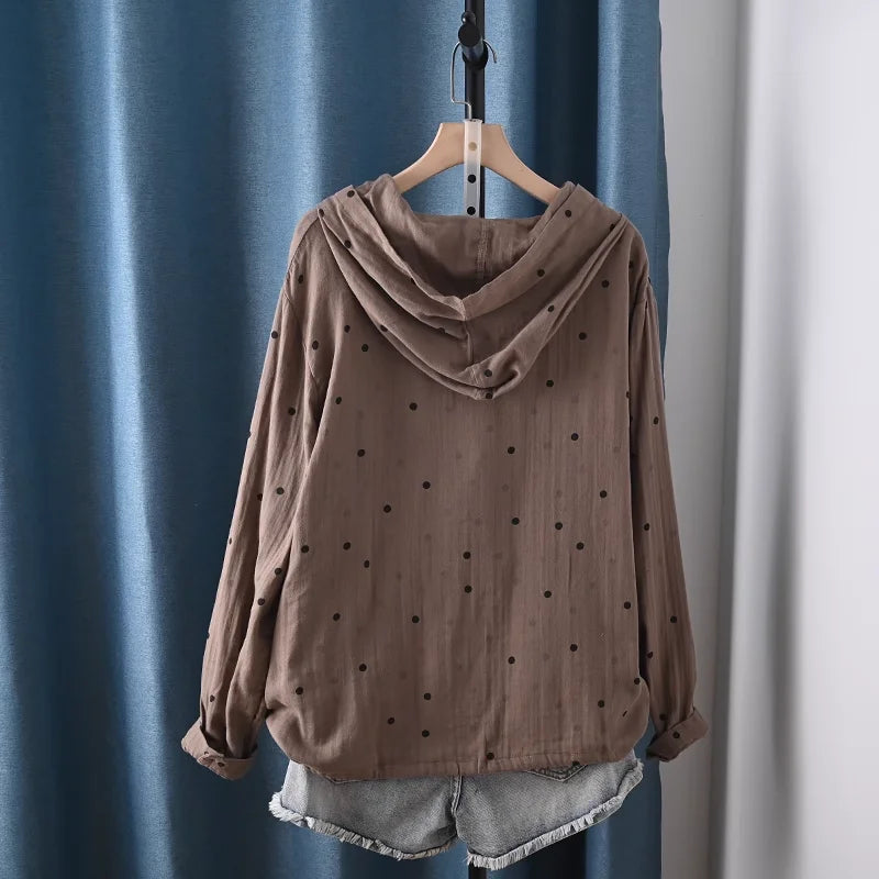 2025 Middle-aged women's clothing 100% cotton yarn hoodies polka dot print shirts long sleeve blouses for women hooded tops