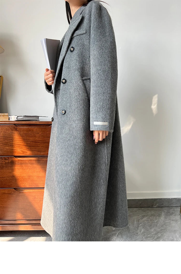 Office Lady Woolen Jackets 2024 Autumn And Winter Suit Collar Double Breasted Warmer Yak Hair Loose Long Women's Wool Coats