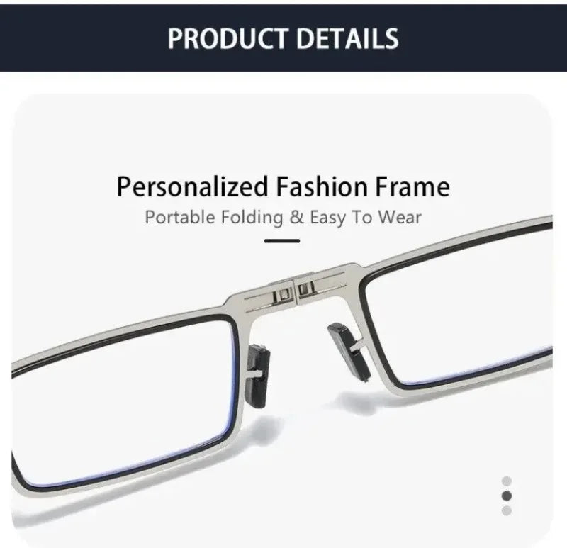 Portable Unisex Folding Reading Glasses Full Metal Frame Anti Blue Light Blocking for Men Women Presbyopia Eyeglasses with Case