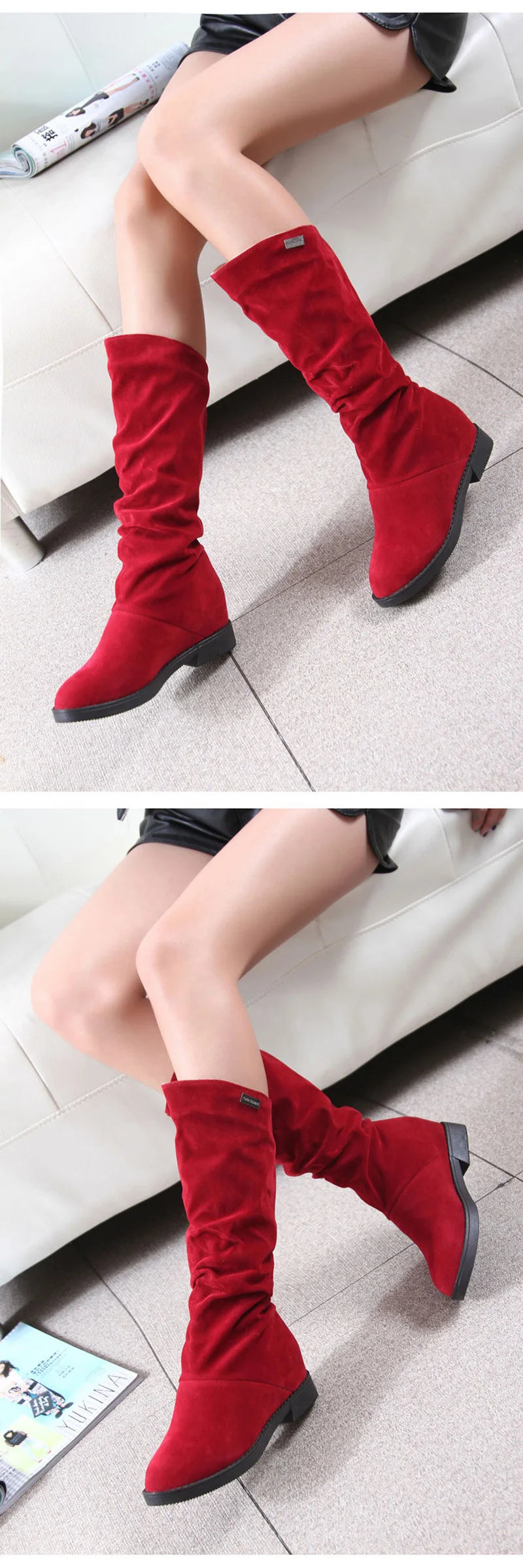 New Winter Shoes Women Snow Boots Flat Non-slip Mid-Calf Boots Soft Brand Ladies Footwear Black Red YX1749