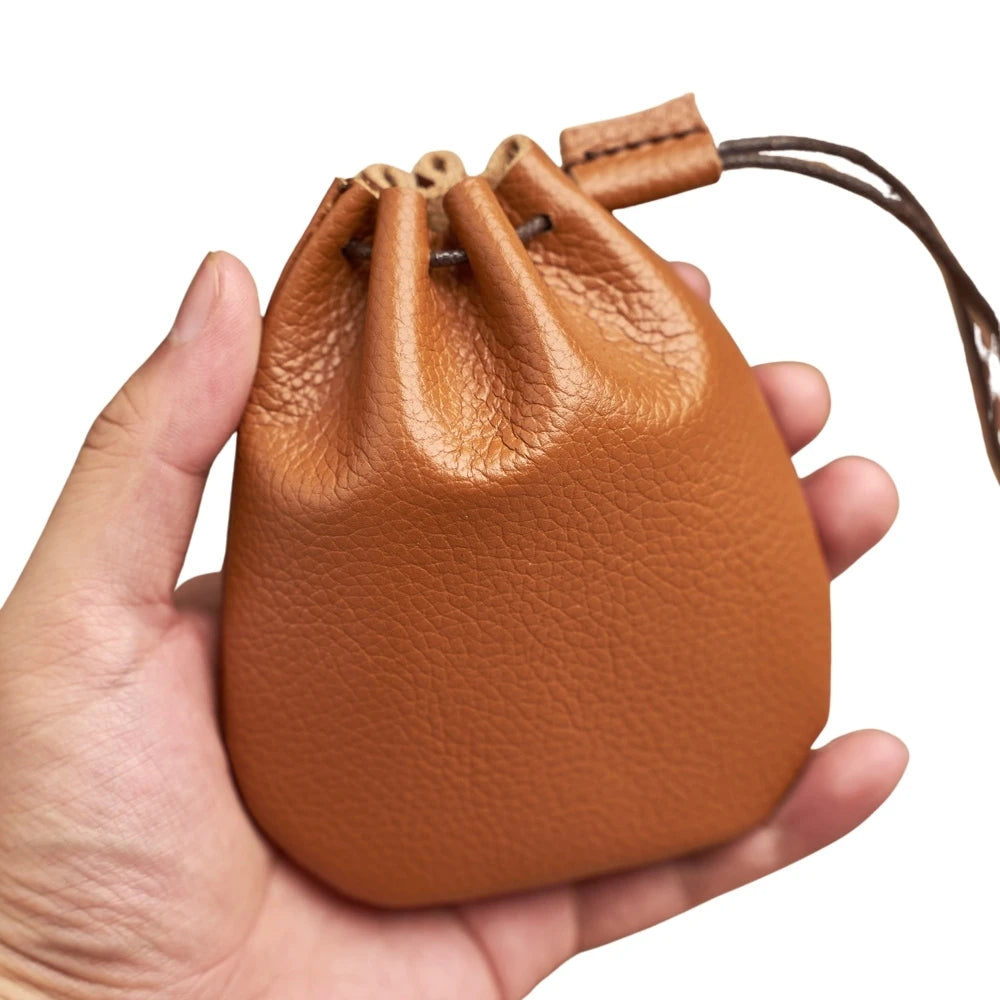 Genuine Leather Coin Purse Men Women Vintage Small Coin Wallet Hard Leather Money Pocket Drawstring Storage Bag