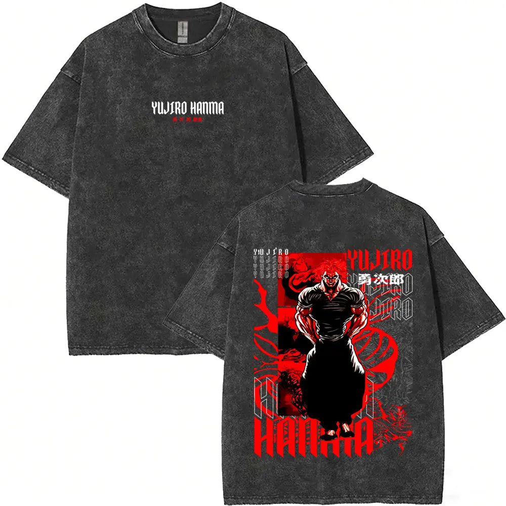 Washed Vintage Anime Baki Hanma Wake Up T-shirt Men Women Retro Manga Oversized T-shirts Men's Casual Cotton T Shirts Streetwear