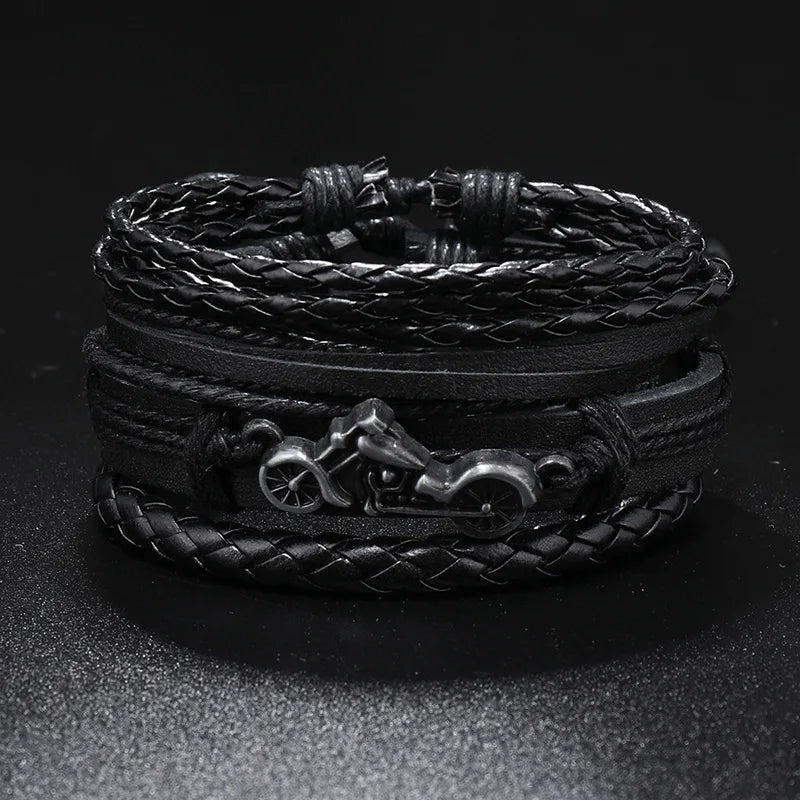 Fashion Bracelet For Men Hand Bangles Woven Alloy Motorcycle Hand Jewelry Adjustable Leather 4Pcs/Set Bracelet For Leather