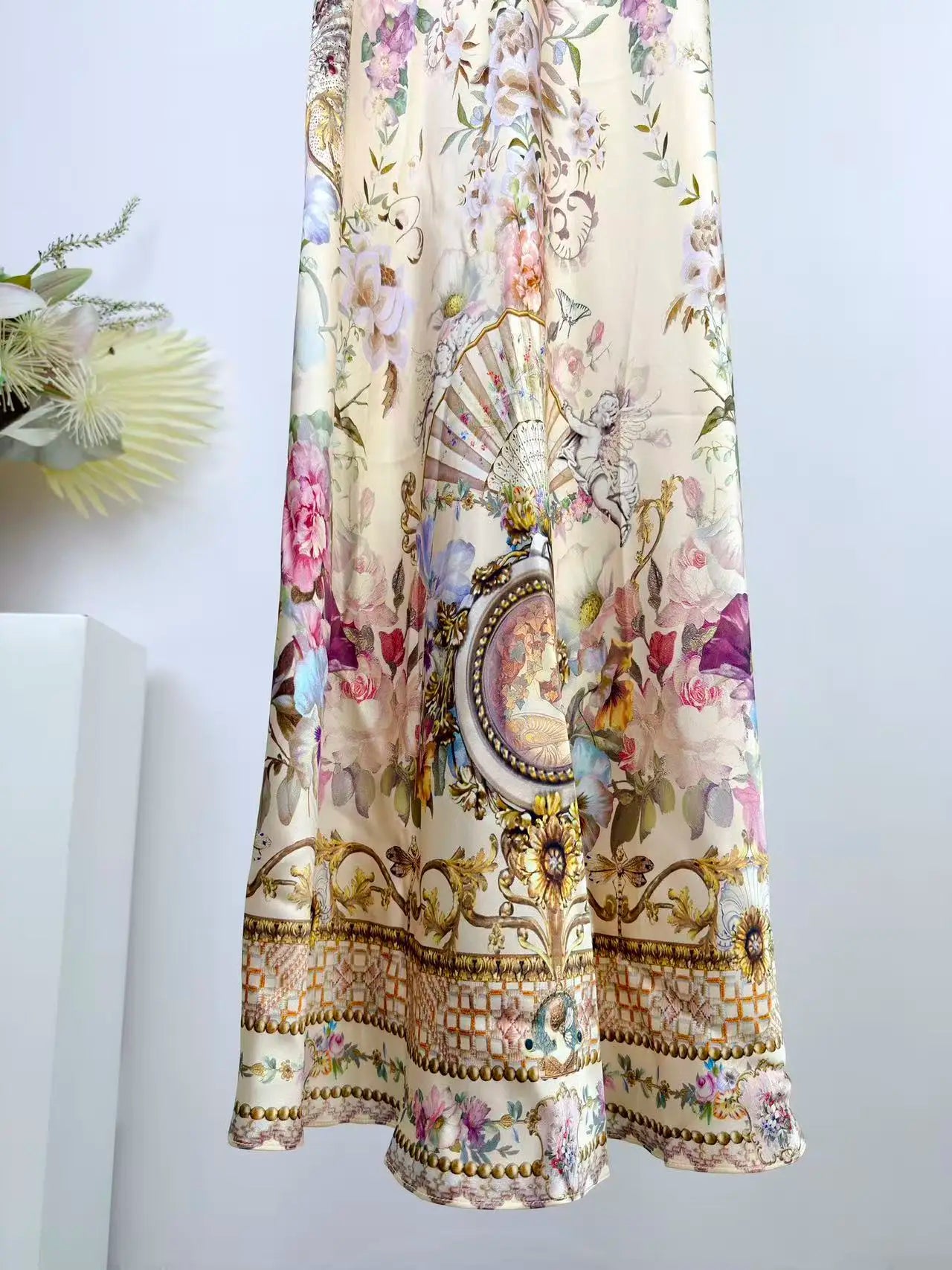 Women Silk Flower Printed Long Dress Heavy Beaded V-Neck Lantern Sleeve Loose Female dress
