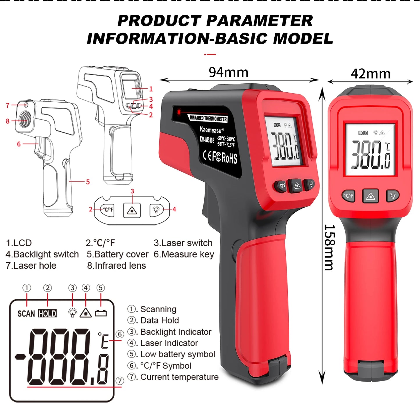 Infrared Thermometer Gun Home & Industrial Non-Contact Digital Laser Thermometer for Engine Kitchen BBQ Pizza Oil Cooking Meat