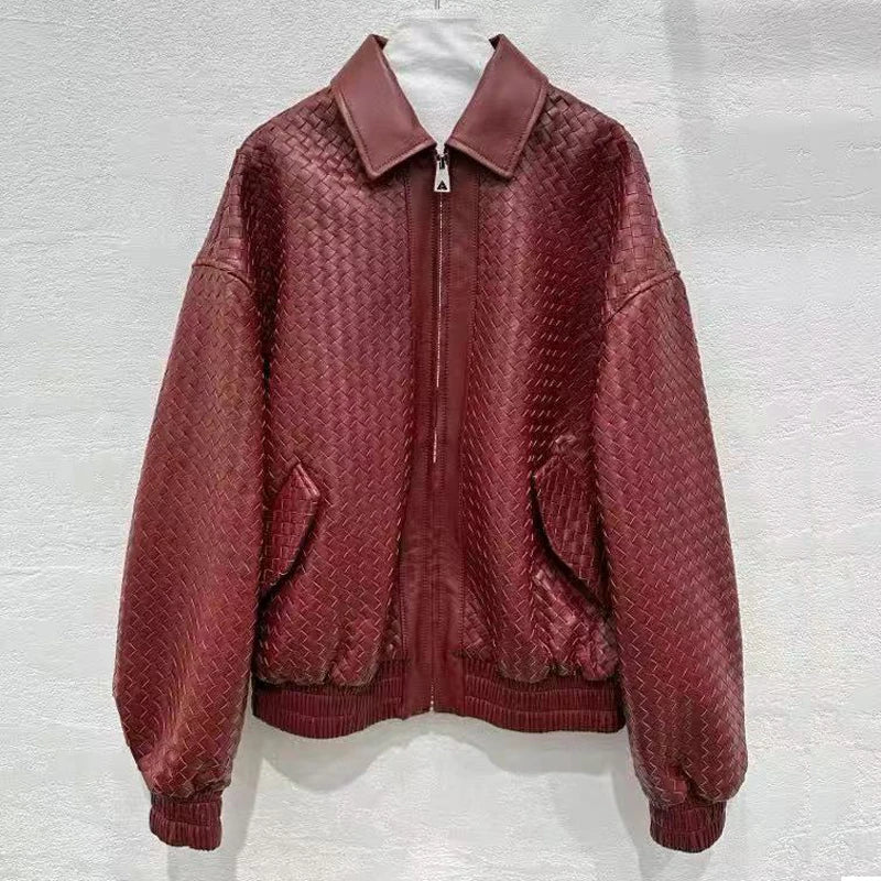 High-fashion Women Clothing 2025 New In Hand Knitting 100 % Leather Jacket Feminina Streetwear Burgundy Dropped Shoulder Coat