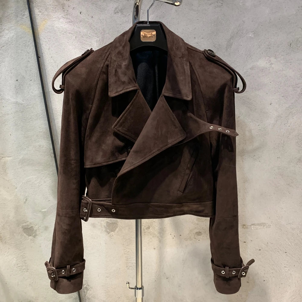Suede Leather Jackets Women Winter Genuine Sheep Leather Coat Broad Shoulder and Paddad 23012