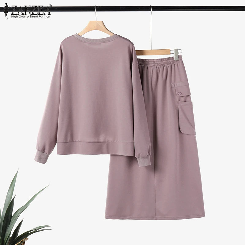 Autumn 2pcs Outfits Winter Stylish Women Sweatshirts Dress Sets 2025 ZANZEA Solid Matching Sets Long Sleeve Hoodies Sundress