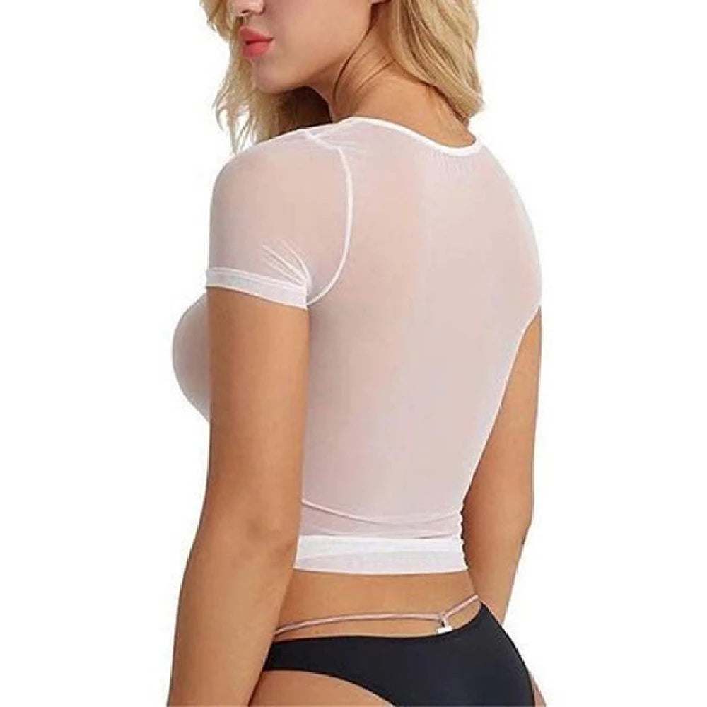 Summer Sheer Short Sleeve T Shirt Tops Women Slim Mesh Fish Net See-Through Crop Tops Tees Casual T Shirt Streetwear Clubwear