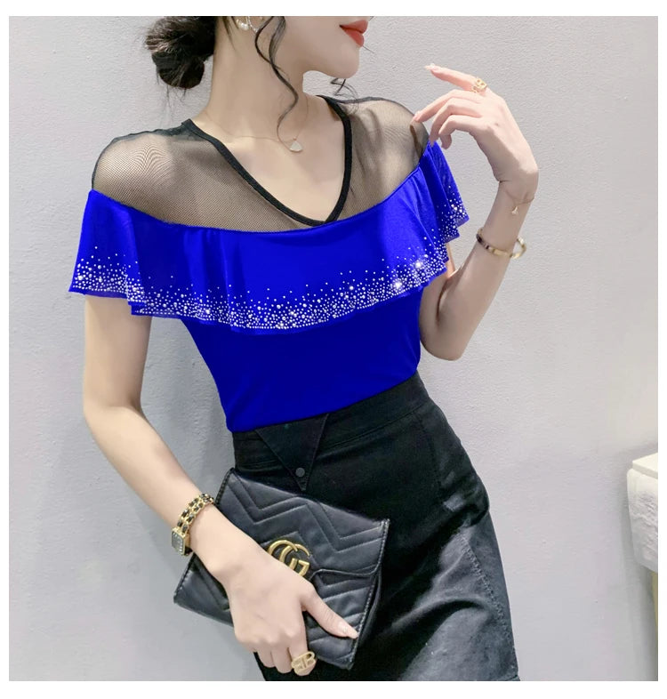 Real Photos Summer Tops Girl Patched Ruffles Mesh V Neck Short Sleeve T Shirt Women Fashion Tees Tshirts Beach Clothing