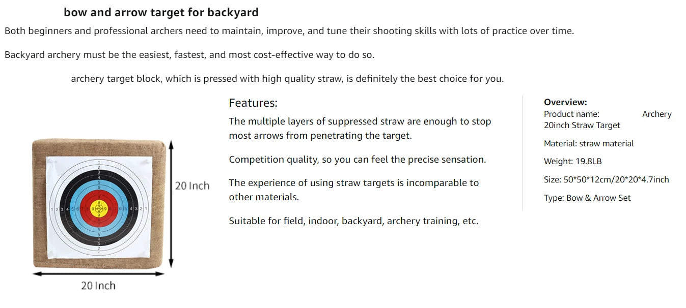 Archery Target Grass Square Target For Backyard - 20inch Bow Archery and Arrows Block Straw Target For Compound Recurve Bow Shoo