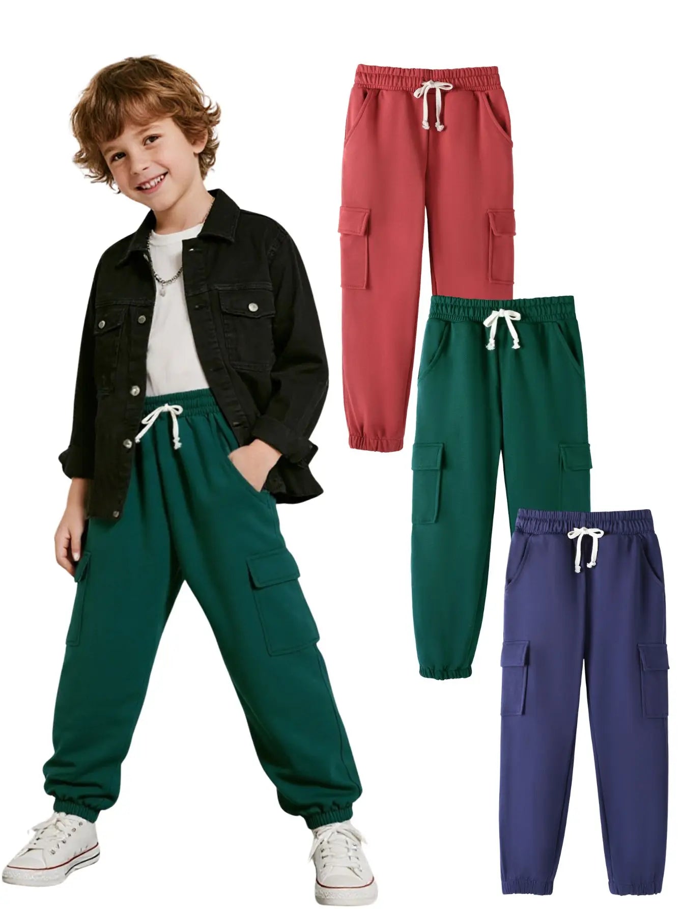 Three piece set of boys' pants with red, green, blue drawstring, large pocket, outdoor casual workwear, sanitary pants