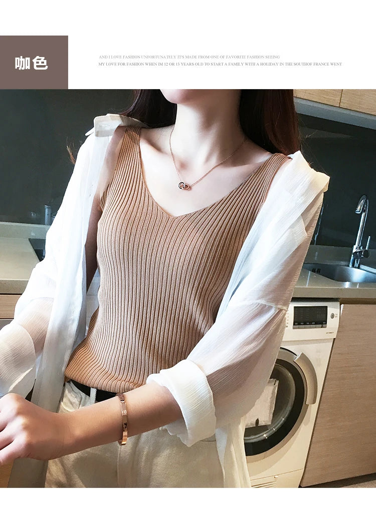 Summer Casual Tank Top Women Sleeveless Knitted T-Shirts Female Elastic Slim Vests Crop Tops Tanks & Camis Pullover Shirts