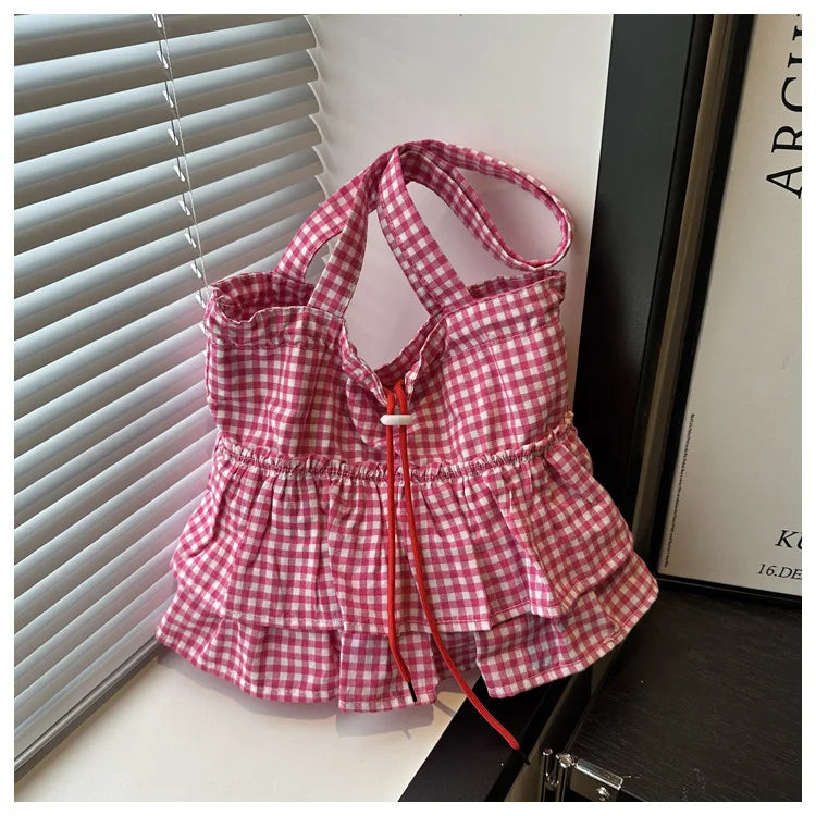 Women's Tote Bag Ruffles Plaid Drawstring Handbag Women Fashion Canvas Shoulder Bags	Large Capacity Korean Bags Bolsos De Mujer