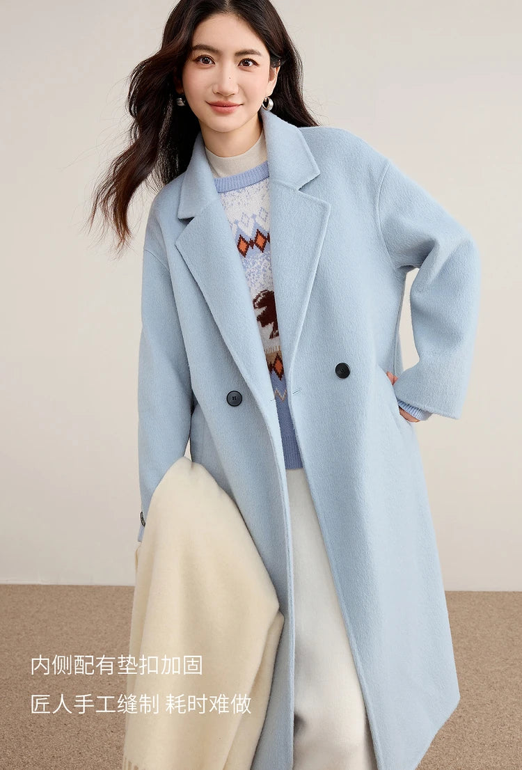 SENTUBILA Women's 100% Wool Double-Faced Coat Winter 2025 Suit Lapel Collar Classic Commuter Style Long Overcoat W54OA8779