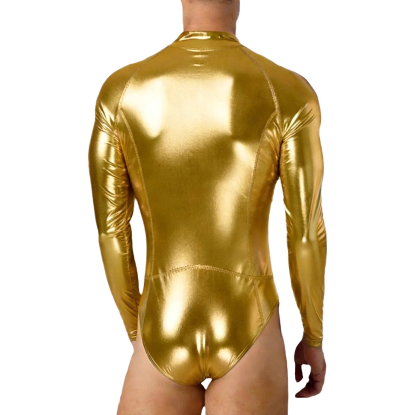 Mens Bathing Suits Swimsuits Metallic Shiny Bodysuit Long Sleeve One-piece for Nightclub Jazz Dance Beach Gymnastics Leotard