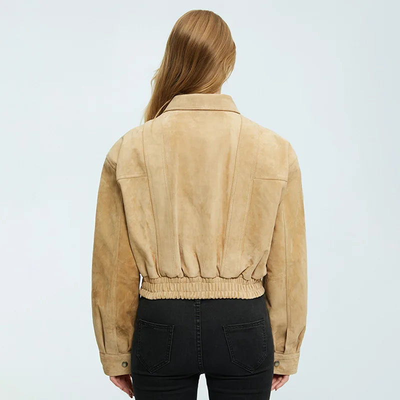 2025A Lady's Fashion Real Suede Jacket Genuine Goatskin Suede Bomber Jacket Oversize Leather Coat Women's Suit
