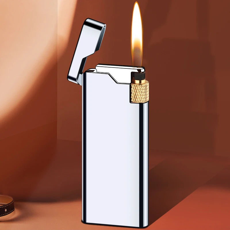 New Personality Portable Metal Slender Wheel Lighter Butane Gas Open Flame Lighter Mini Cigarette Lighter Gadget Men's Gift