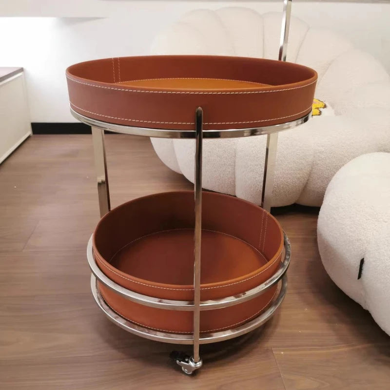 2026 New Light Luxury Sofa Side Table Movable Hotel Room Saddle Leather Trolley Home Bedroom Storage Bedside Small Coffee Table