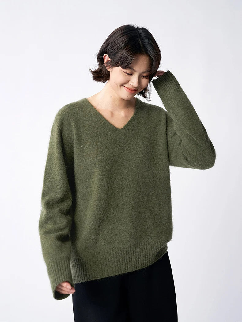 SuyaDream, Women Fleece Pullovers, V Neck, 3.8%Cashmere 96.2%Wool, Chic Warm Sweaters, 2025 Fall Winter Solid Top, Camel, Olive