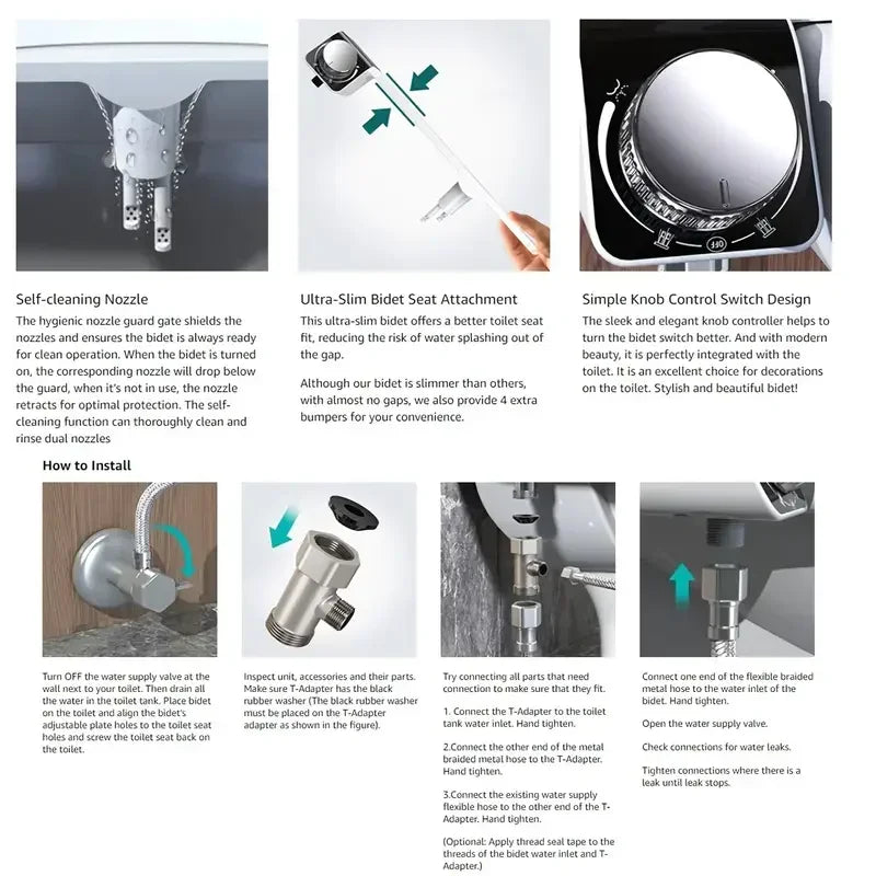 Non-Electric Bidet Hot Cold Warm Water for Toilet Seat- Self Cleaning Dual Nozzle Adjustable Pressure Water Bidet Toilet Seat