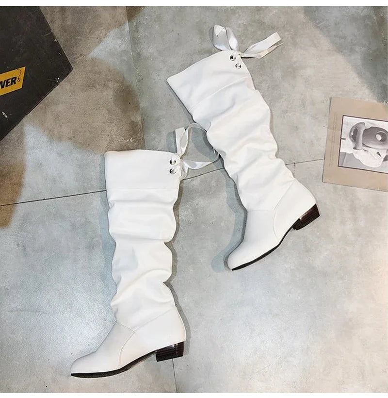 Shoes For Women  Knee High Boots Red Black White Tall Boots Woman Pleated Low Heel Casual Leather Female Long Shoes