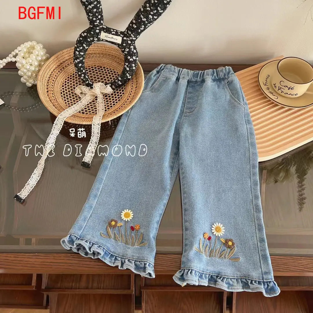 Korean Embroidered Jeans for Girls Spring and Autumn Fashion Style Trumpet Pants Children Clothing Stylish Kids Denim Trousers