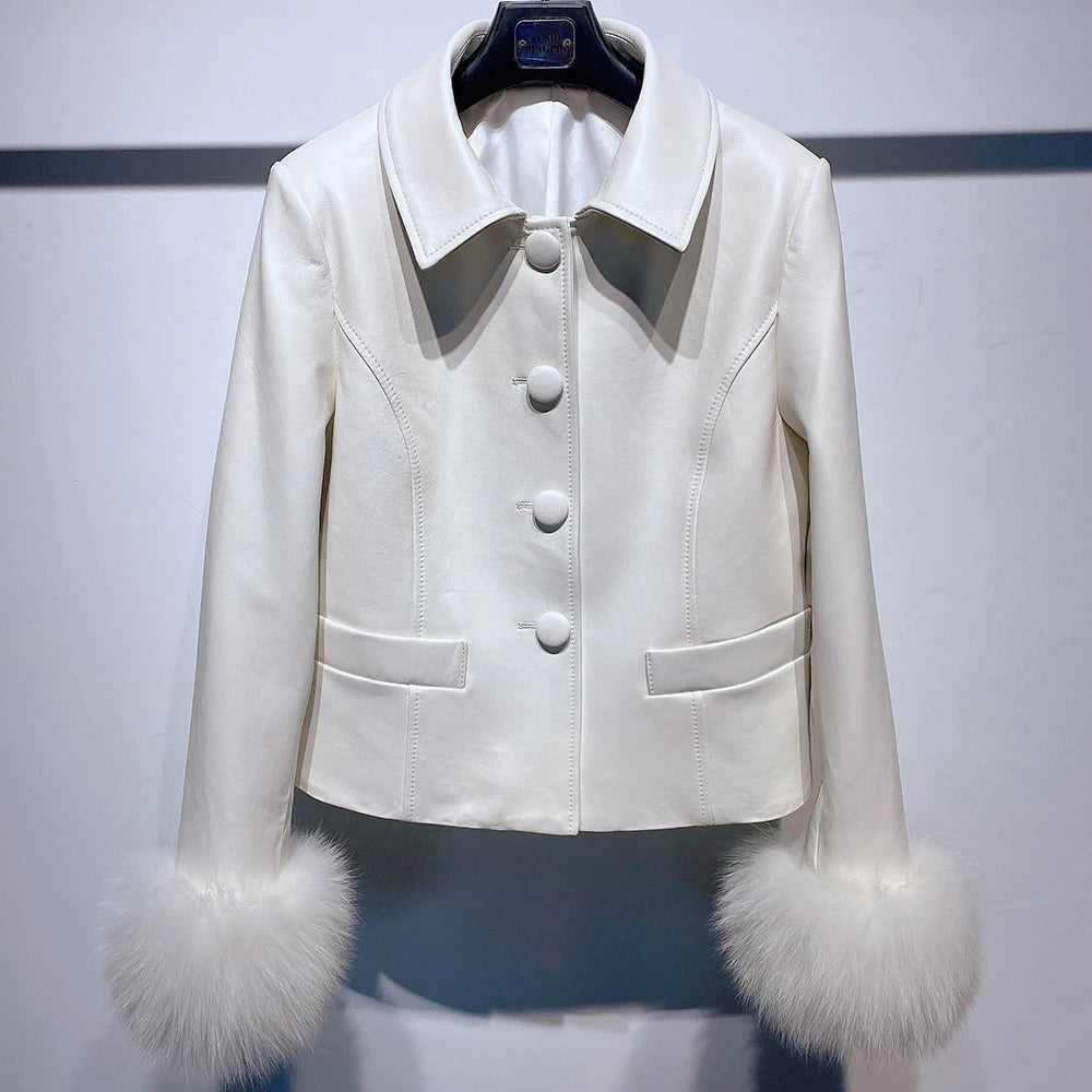 YOLOAgain Women's Mongolia Sheep Fur Collar Real Leather Jacket Single Breasted