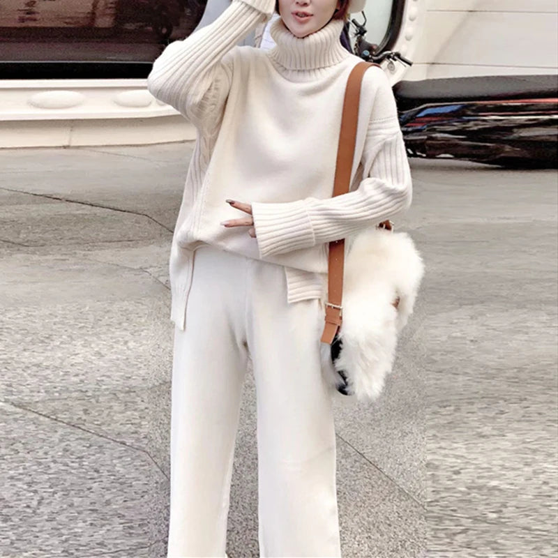 Wool 2023 Autumn and Winter New Loose Turtleneck Sweater Suit Female Western Style Fashion Wide Leg Pants Two-Piece Set Female