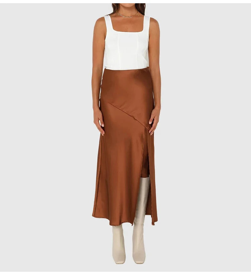 Summer Satin Skirts For Woman Office Maxi A Line Black Silk Skirts With Slit Lady High Waist Women Patchwork Skirt Long Elegant