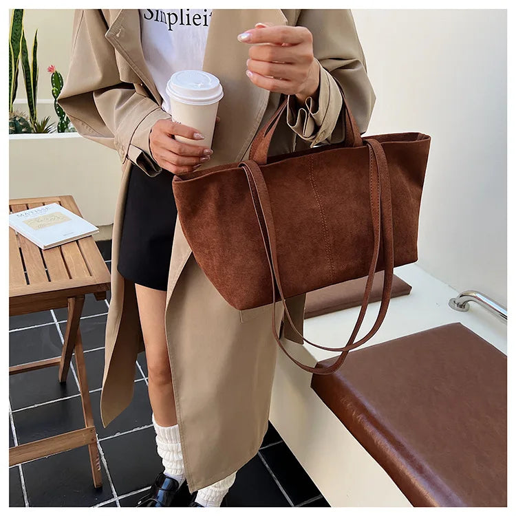 Large Capacity Tote Women Bag Retro Faux Suede Shoulder Bag Quitting Designer Bags for Women Handbag Commuting Shopper Purses