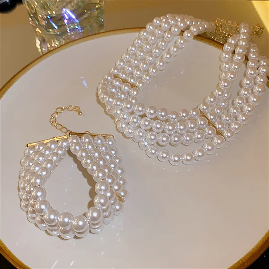Pearl Necklace Bacelet Sets Geometric Necklace Women Solid Color Fashion Weddings Bride Jewelry Accessories