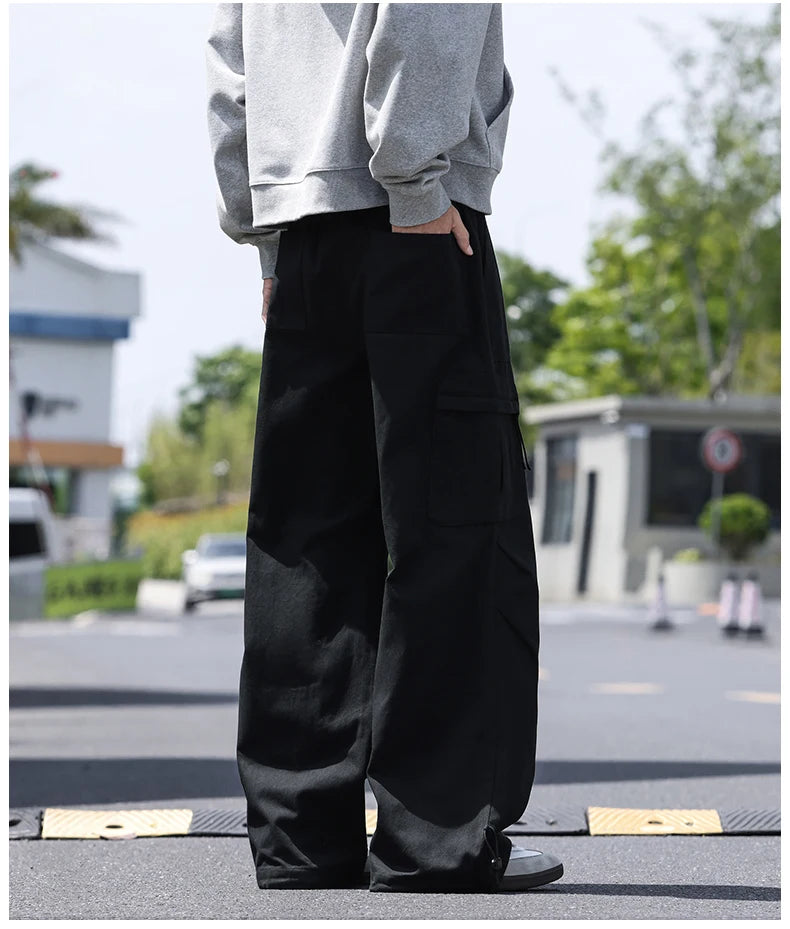 Men's work pants  black straight tube loose paratrooper pants  spring and autumn men's pants  wide leg 2025 new casual pants