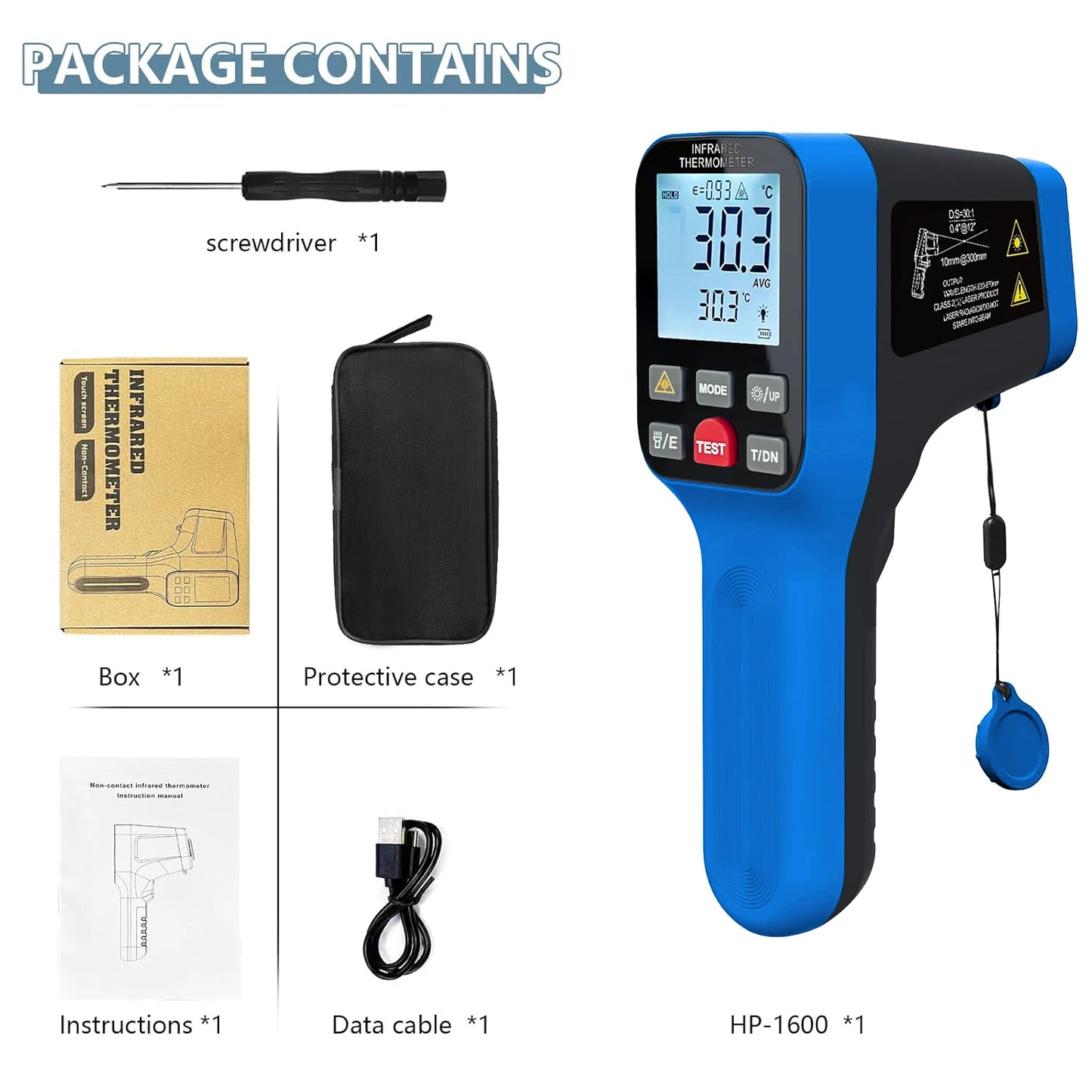 Non-Contact Infrared Thermometer with Laser Targeting - Button-Operated Industrial/High-Temperature Surface Measuring Tool