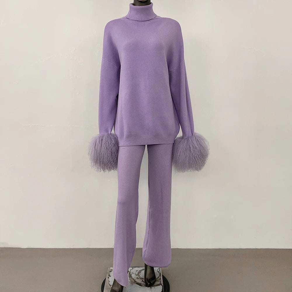 Coat Women Knitted Suit Women's Sweater Set Real Mongolian Sheep Fur Cuffs High Quality Wool & Blend Knitted Pullover and Pants