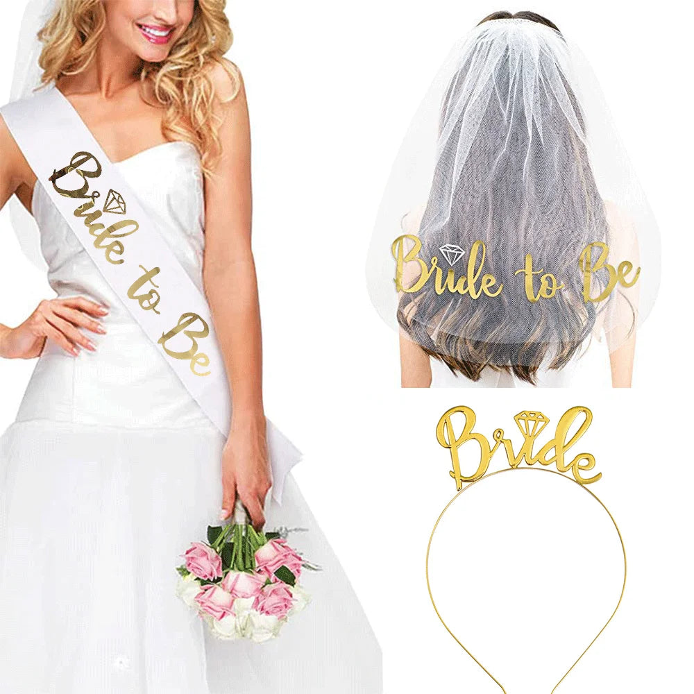 Wedding Party Set Rose Gold Bride to Be Bridal Shower Bridal Straps Wedding Veil Headband Hen Night Bachelorette Party Supplies