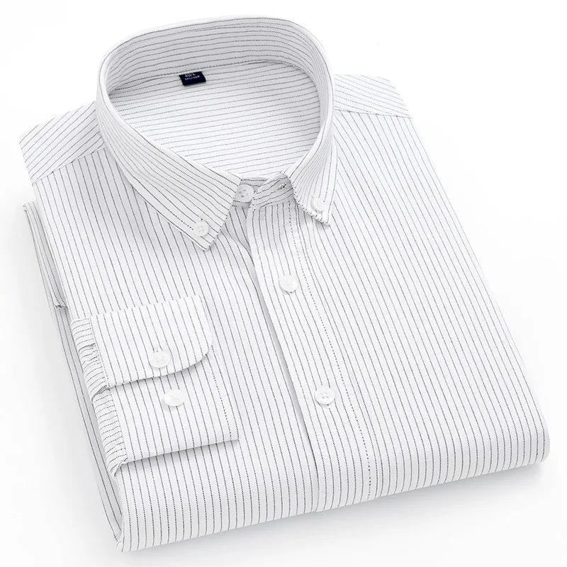 Men's 100% Cotton Oxford Shirt - Breathable Vertical Stripe Slim Fit with  Wrinkle-Resistant Long Sleeve for Business Casual