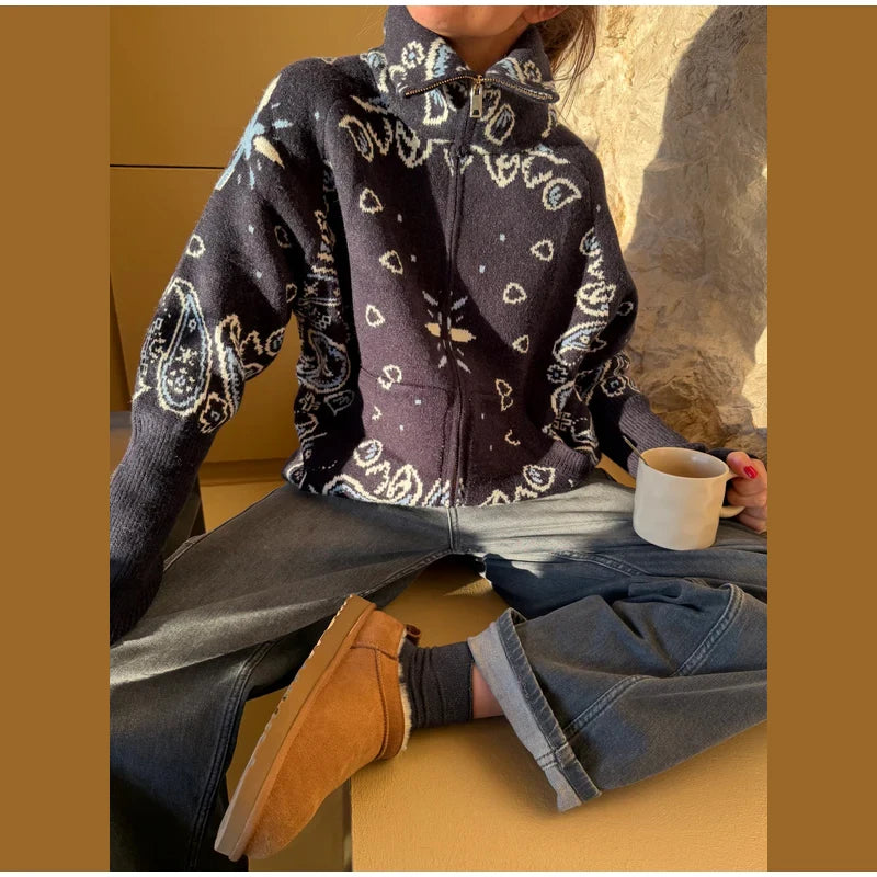 Jacquard Knitted Women's Cardigan Sweater Fashion Zipper Loose Pocket Casual Lady Sweaters 2026 Spring Street Long Sleeve Top