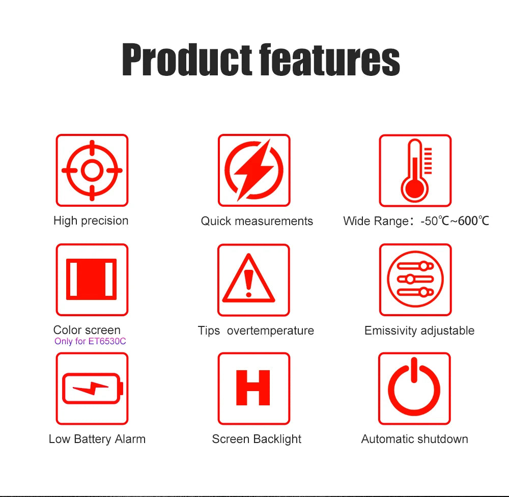 TOOLTOP ET6530C -50°C-600°C Handheld Digital Thermometer Laser Backlight Display Industrial Thermometer For Kitchen Outdoor Car