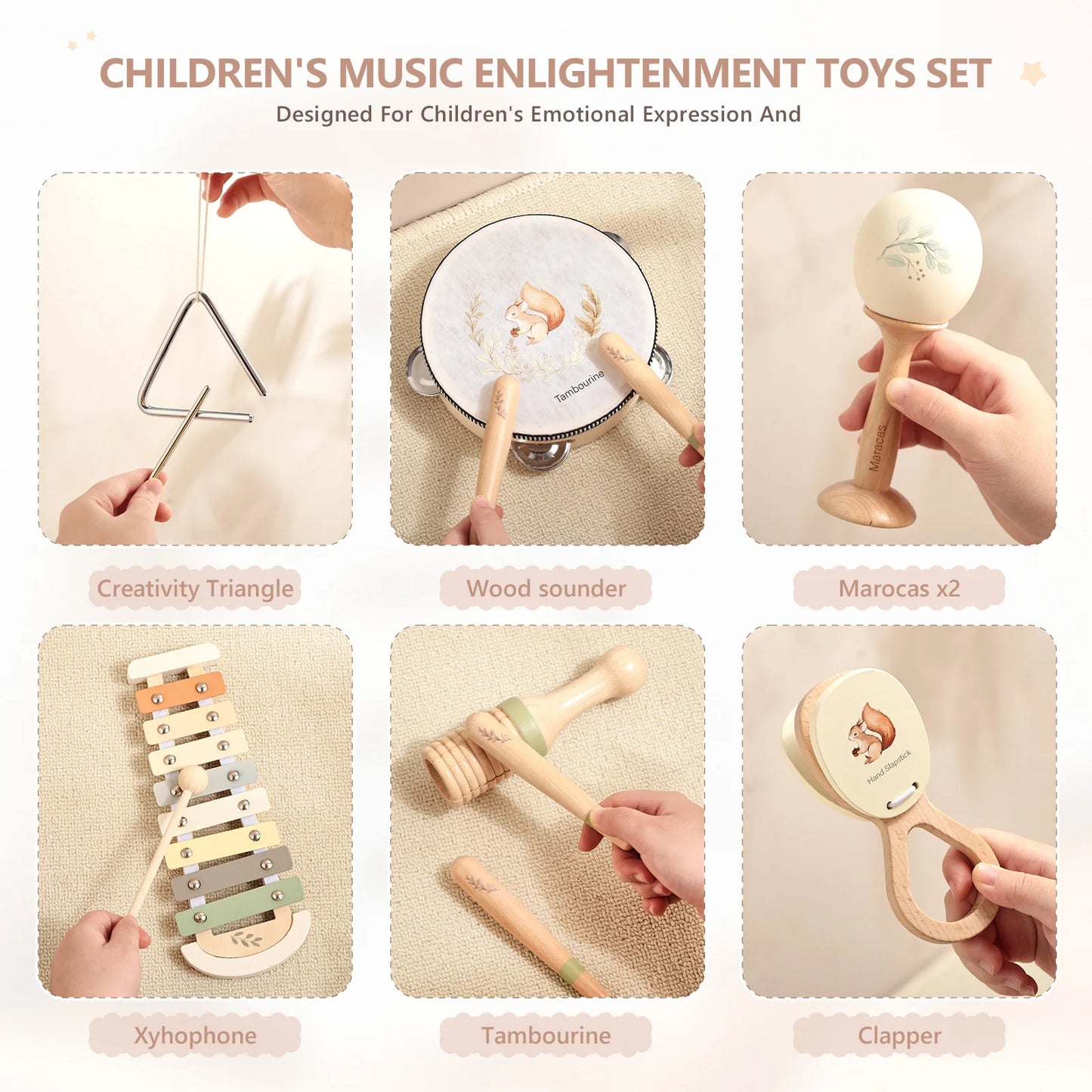 Montessori Musical Instruments for Children Wooden Baby Toys Child Musical Instrument Toddler Toys Squirrel Instrument Sets Gift