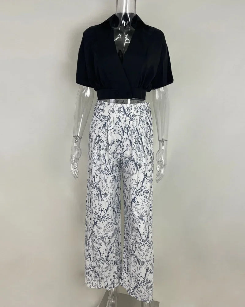 Pant Sets Summer New Bat Sleeve Print Shirt & Wide Leg Pants Two Piece Set for Women Fashion Women's Suit Chic and Elegant Set