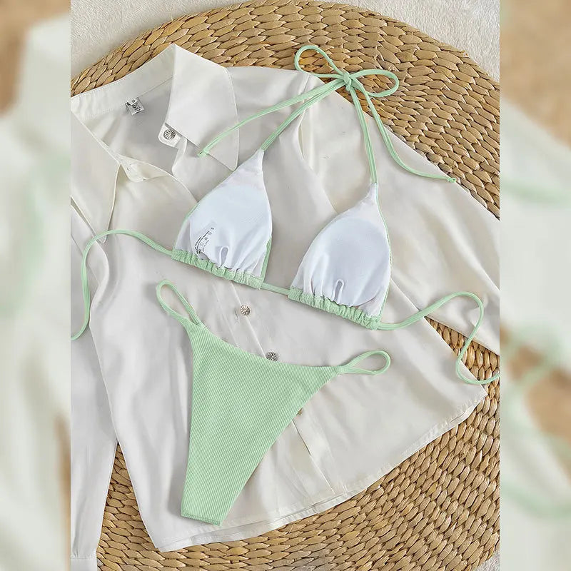 Bathing Suit Women Sexy Solid Halter Swimsuit Special Stripe Fabric Bikini Set Drawstring Lace Up Two-piece Split Beach Biquini