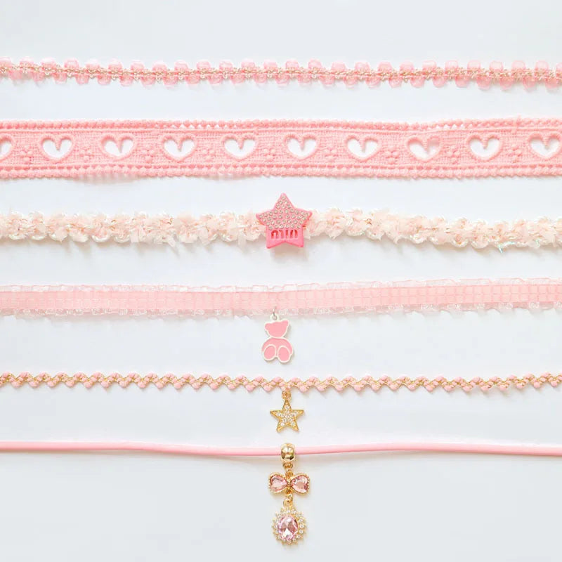 5 Pieces Sweet Pink Lace Choker Necklace Set for Women with Flower Pearl Dangle Clavicle Jewelry Accessories Gift for Girls
